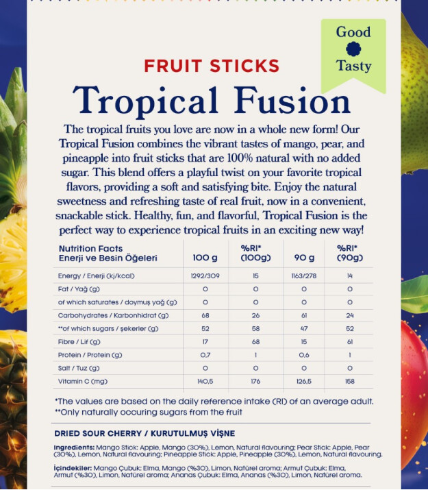 Fruitmade Tropical Fusion Karışık Kurutulmuş Meyve Çubukları (Mango&Armut&Ananas) (90 gr)