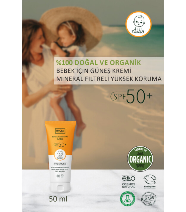 INCIA %100 Doğal Bebek için Güneş Kremi Mineral Filtreli (50 SPF+)