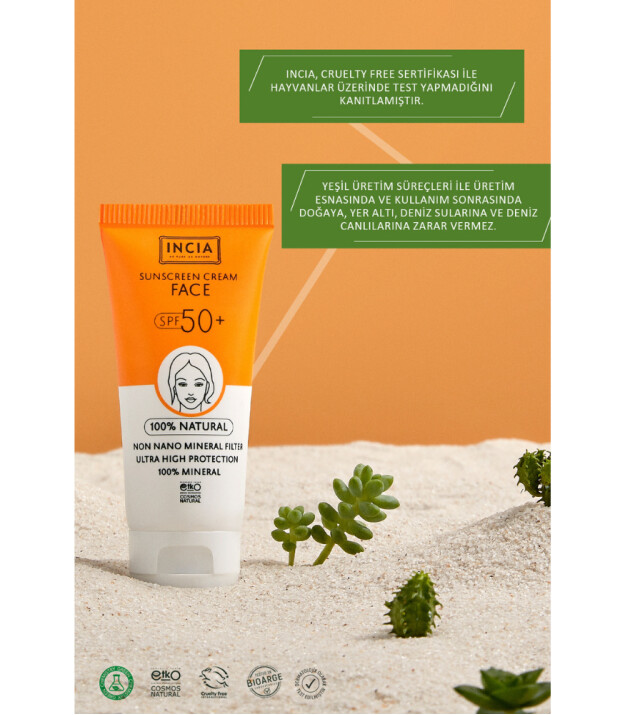 INCIA %100 Doğal Yüz için Güneş Kremi Mineral Filtreli (50 SPF+)