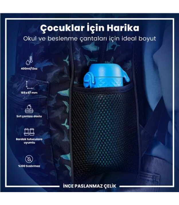 Ion8 OneTouch Paslanmaz &Ccedil;elik &Ccedil;ocuk Suluk (400 ml) // Mavi