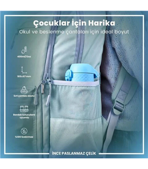 Ion8 OneTouch Paslanmaz &Ccedil;elik &Ccedil;ocuk Suluk (400 ml) // Mavi Unicorn