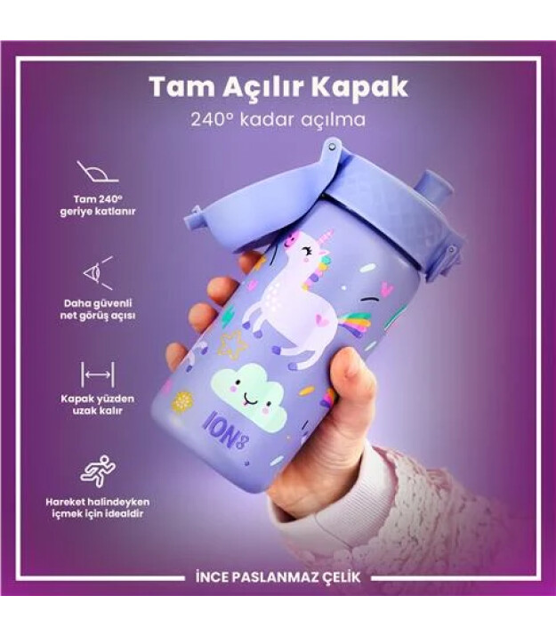 Ion8 OneTouch Paslanmaz &Ccedil;elik &Ccedil;ocuk Suluk (400 ml) // Mor Unicorn