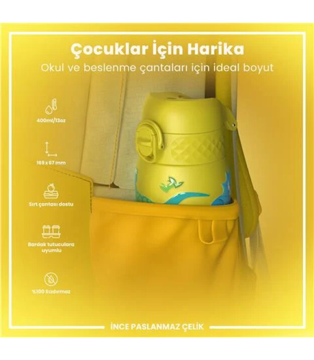 Ion8 OneTouch Paslanmaz &Ccedil;elik &Ccedil;ocuk Suluk (400 ml) // Dinozorlar