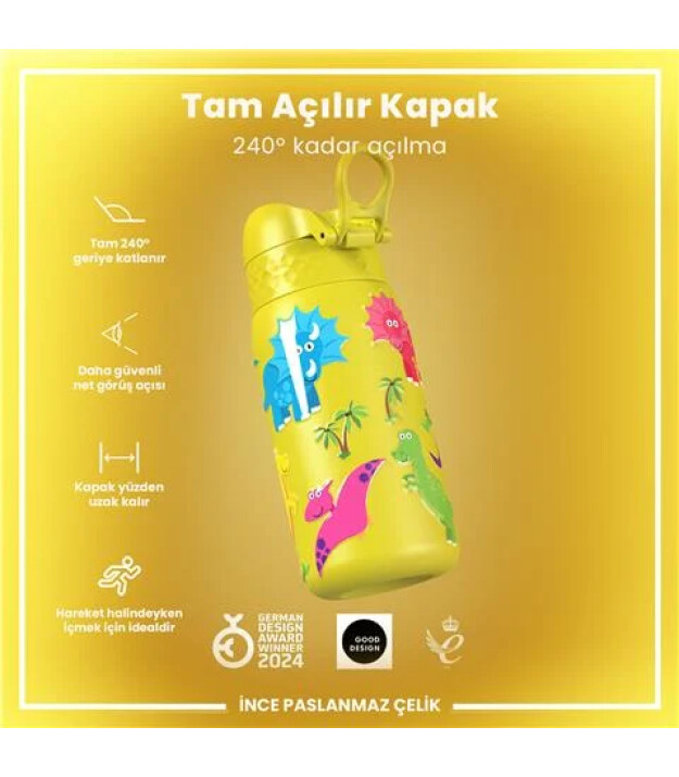 Ion8 OneTouch Paslanmaz &Ccedil;elik &Ccedil;ocuk Suluk (400 ml) // Dinozorlar
