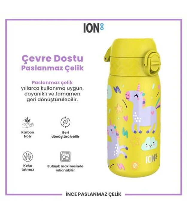 Ion8 OneTouch Paslanmaz &Ccedil;elik &Ccedil;ocuk Suluk (400 ml) // Sarı Unicorn