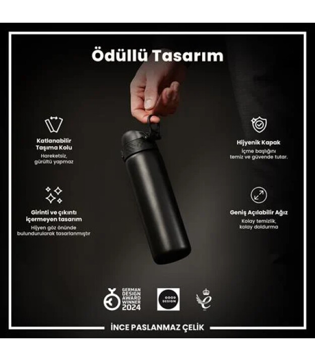 Ion8 OneTouch Paslanmaz &Ccedil;elik Suluk (600 ml) // Siyah