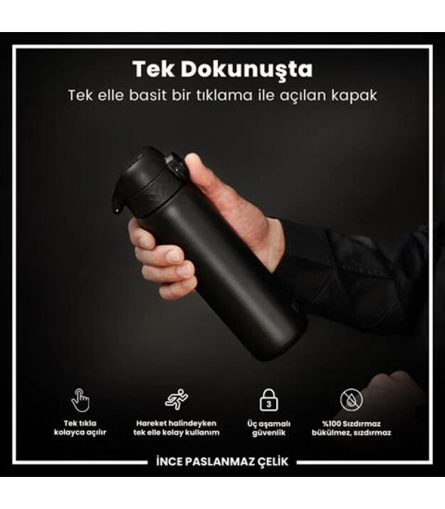 Ion8 OneTouch Paslanmaz &Ccedil;elik Suluk (600 ml) // Siyah