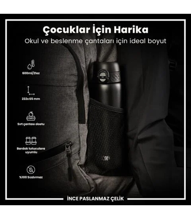 Ion8 OneTouch Paslanmaz &Ccedil;elik Suluk (600 ml) // Siyah