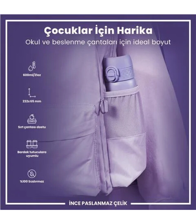 Ion8 OneTouch Paslanmaz &Ccedil;elik Suluk (600 ml) // A&ccedil;ık Mor