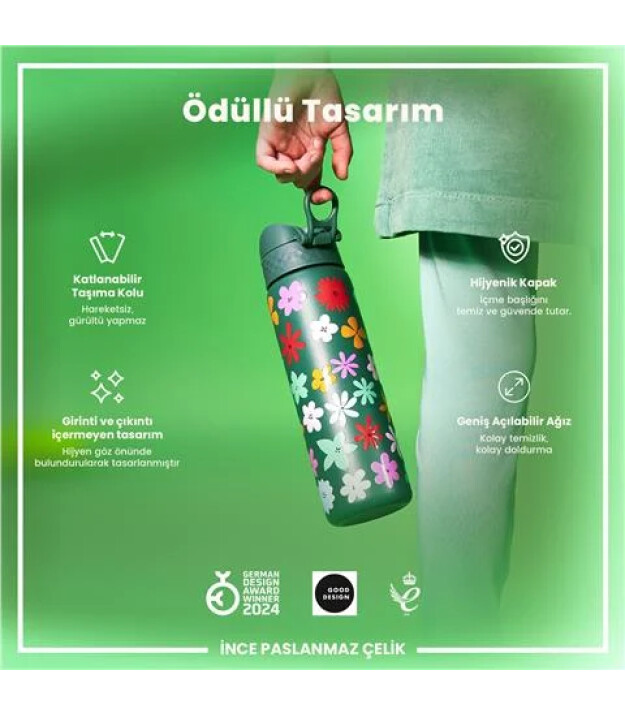 Ion8 OneTouch Paslanmaz &Ccedil;elik Suluk (600 ml) // &Ccedil;i&ccedil;ekli