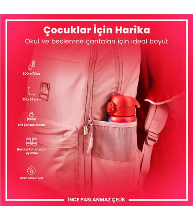 Ion8 OneTouch Paslanmaz &Ccedil;elik Suluk (600 ml) // Kırmızı Unicorn