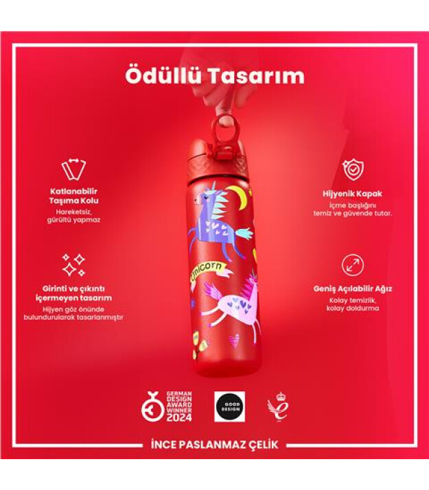 Ion8 OneTouch Paslanmaz &Ccedil;elik Suluk (600 ml) // Kırmızı Unicorn