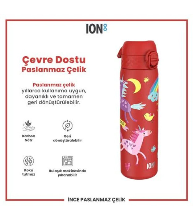 Ion8 OneTouch Paslanmaz &Ccedil;elik Suluk (600 ml) // Kırmızı Unicorn