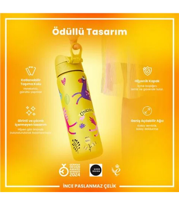 Ion8 OneTouch Paslanmaz &Ccedil;elik Suluk (600 ml) // Sarı Unicorn