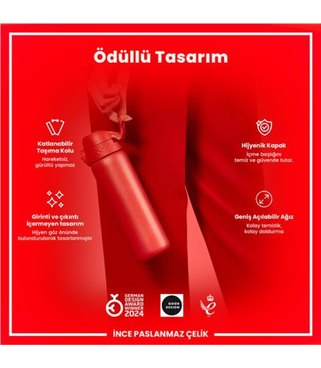 Ion8 OneTouch Paslanmaz &Ccedil;elik Suluk (600 ml) // Kırmızı
