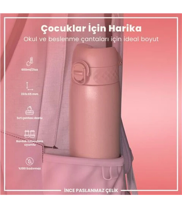 Ion8 OneTouch Paslanmaz &Ccedil;elik Suluk (600 ml) // G&uuml;l Pembe