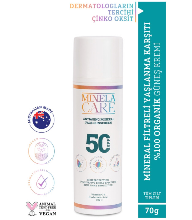 Minela Care 100% Organik Mineral Filtreli Leke ve Yaşlanma Karşıtı Yüz Güneş Kremi (50 SPF)