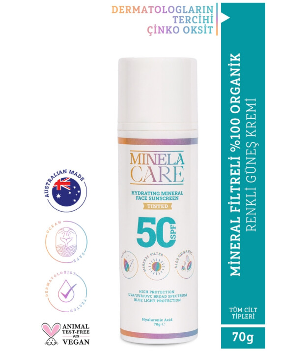 Minela Care 100% Organik Mineral Filtreli Nemlendirici Tinted Yüz Güneş Kremi (50 SPF)