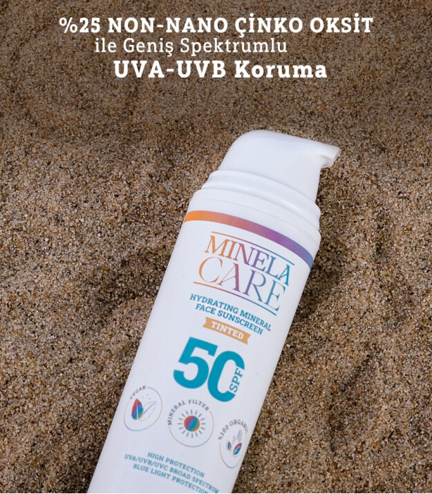 Minela Care 100% Organik Mineral Filtreli Nemlendirici Tinted Yüz Güneş Kremi (50 SPF)
