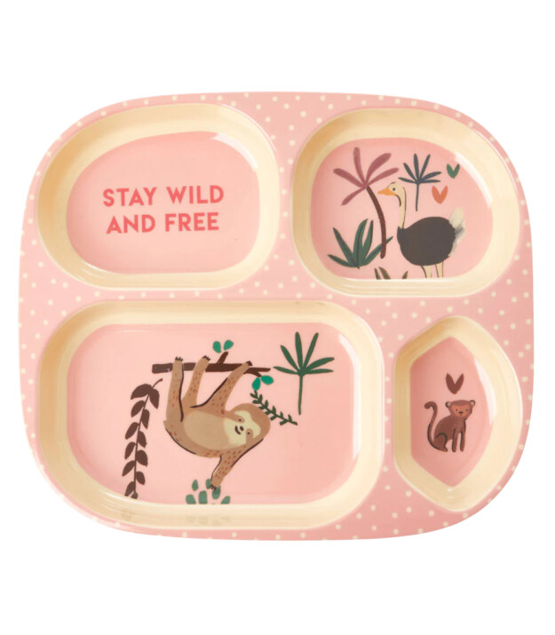 Rice Kids Melamin Bölmeli Tabak // Pink Jungle Animals