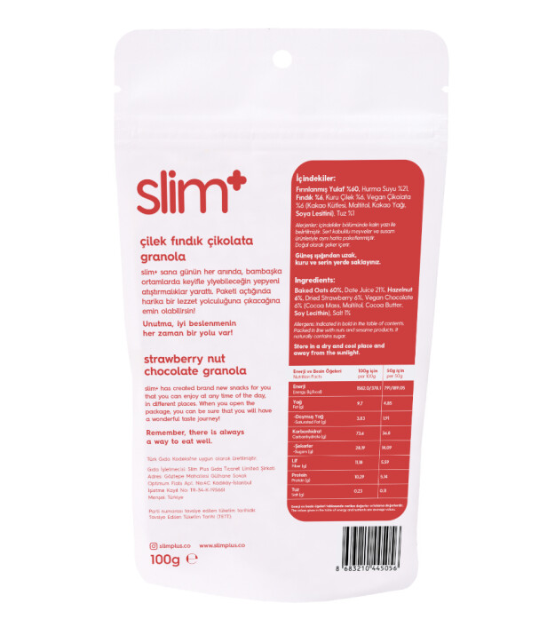 SlimPlus Co Gl&uuml;tensiz Granola (100 g) // &Ccedil;ikolata & &Ccedil;ilek & Fındık
